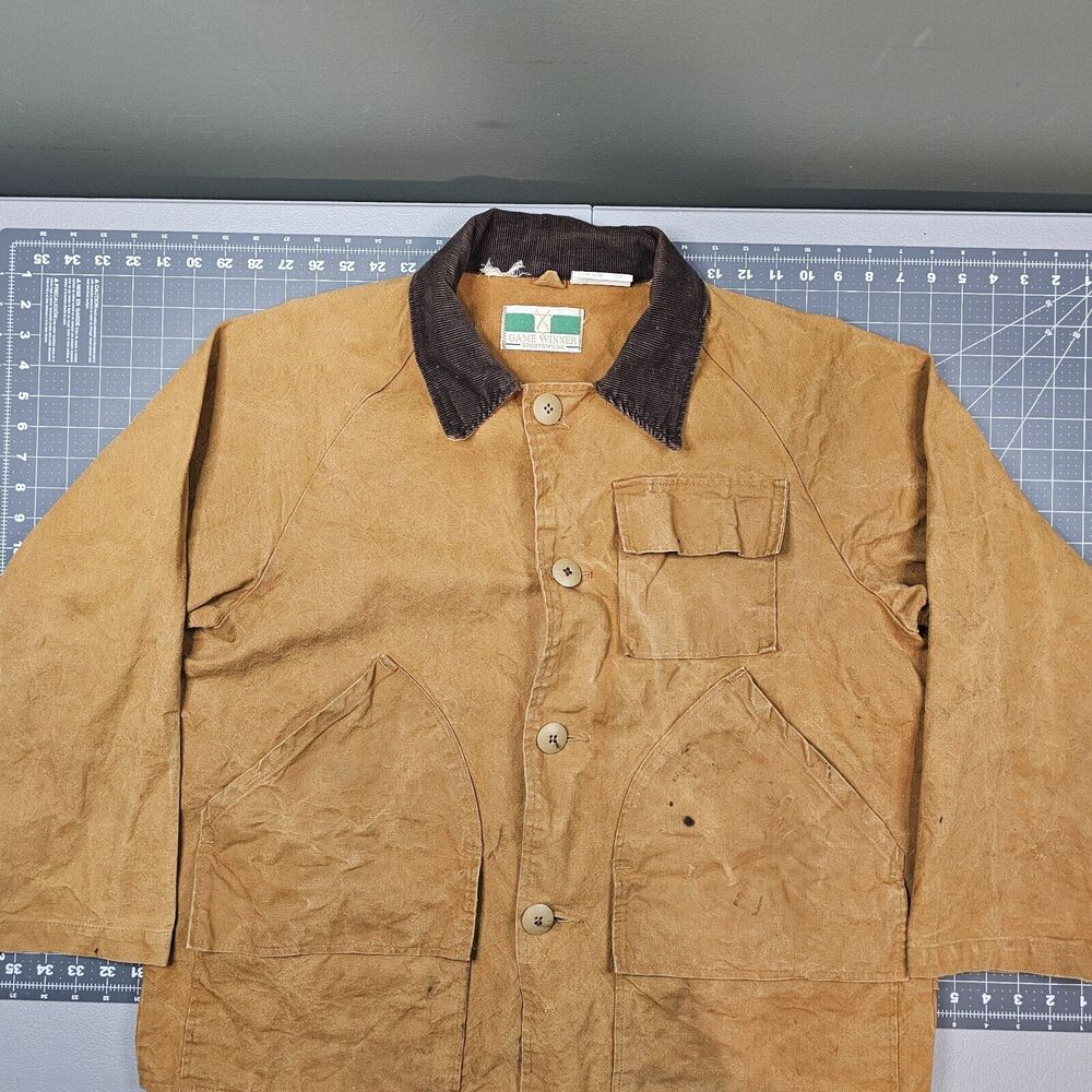 Vintage Game Winner Hunting Jacket Large Brown Bird Pheasant Canvas Outdoors 80s